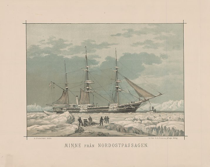 Teckning av stort skepp i islandskap och män med packning på kälke under en gråblå himmel.
