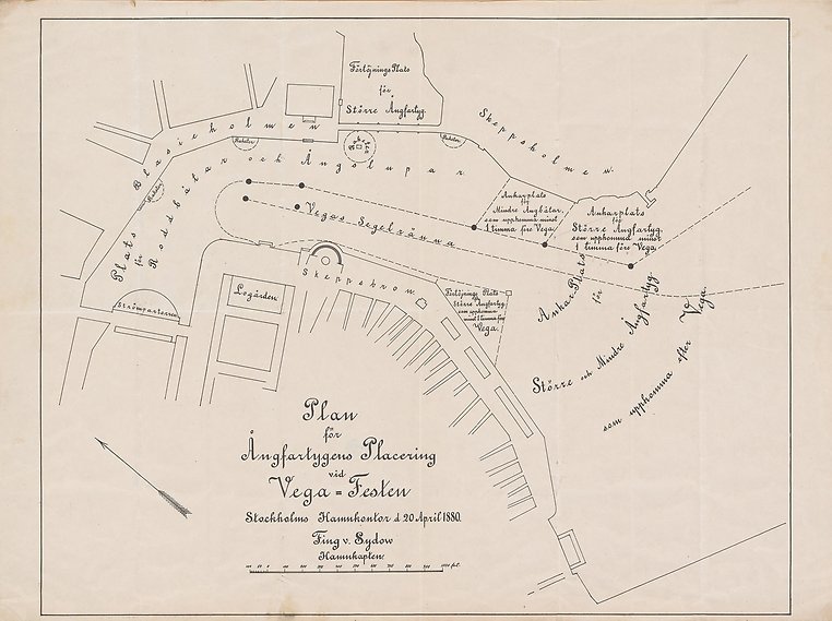 Karta över Skeppsbron med utritad plan för placering vid mottagandet. Underskriven Fing von Sydow, hamnkapten Stockholms hamnkontor 20 april 1880.