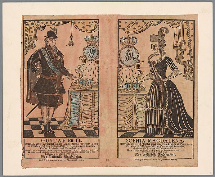 Äldre illustration av kvinna och man i pampiga kläder och slottsmiljö.