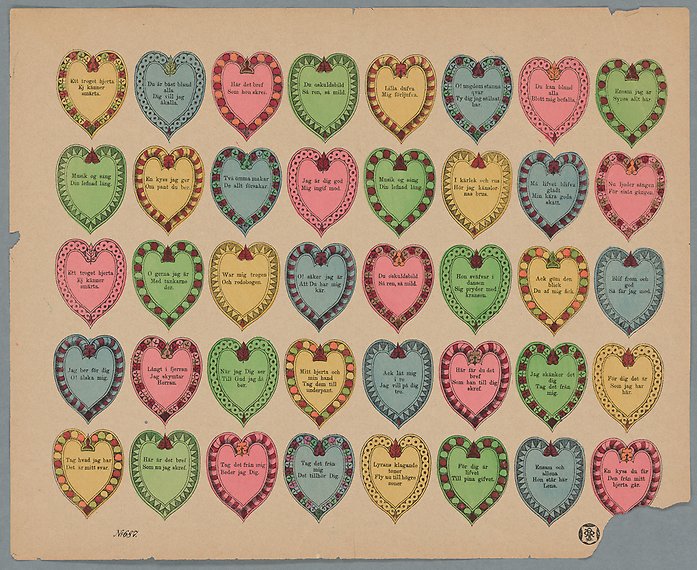 40 pyntade små hjärtan i gult, rosa, blått och grönt, sida vid sida med en verstext i varje.