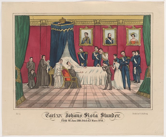 En man ligger död i en stor vit säng. På en stol sitter en äldre kvinna och bredvid henne en yngre kvinna som gråter. I rummet finns även en präst och ett flertal soldater. 