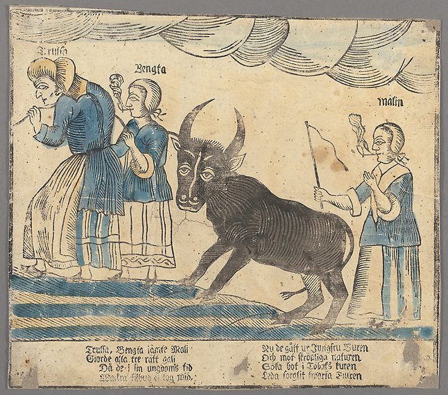 Två kvinnor, var av en röker en pipa, leder en svart tjur uppför en backe. Bakom tjuren kommer en till piprökande kvinna och motar på tjuren med en piska i handen.