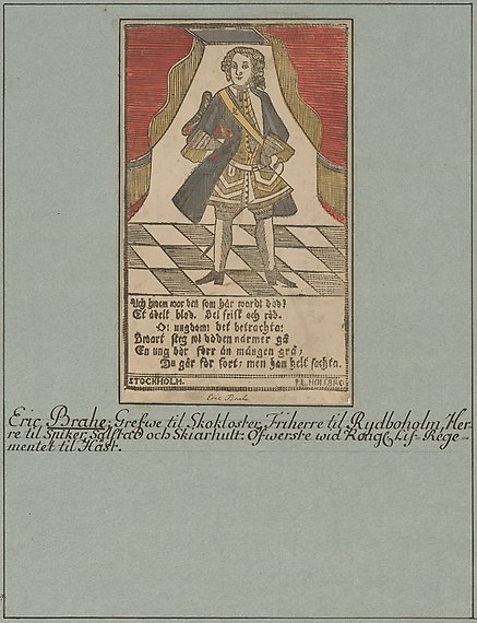Tecknad bild av man med ståtlig uniform, sabel och hatt under armen. Under bilden finns en handskriven vers samt en text om Eric Brahe.