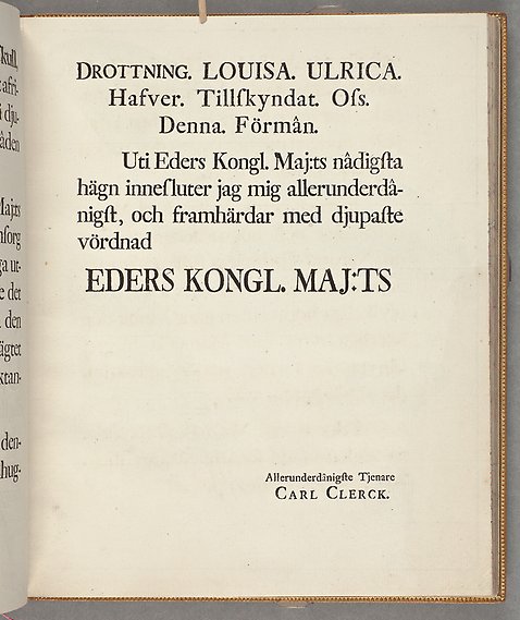 Foto av sida i boken, med en dedikation till drottningen från Carl Clerck.