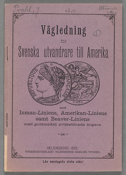 Blekt lila omslag till häftet Vägledning för Svenska utvandrare till Amerika. Text och avbildade medaljer.