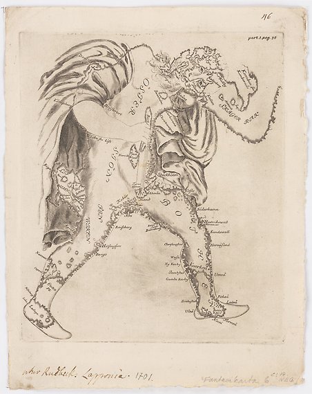 Svartvit illustration av en naken man delvis draperad av en cape.