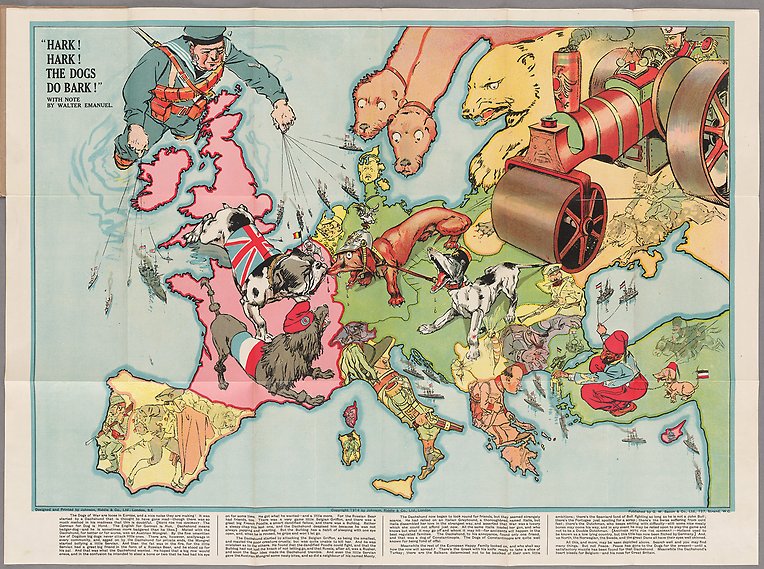 Fantasikarta av Europa med människor och djur inritade i ländernas ställe.