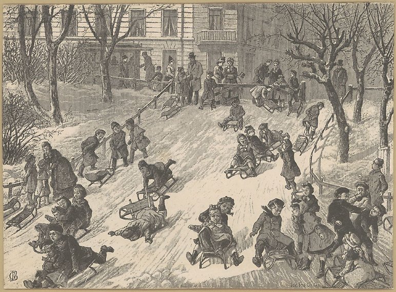 Teckning föreställande barn som åker kälke på vintern.