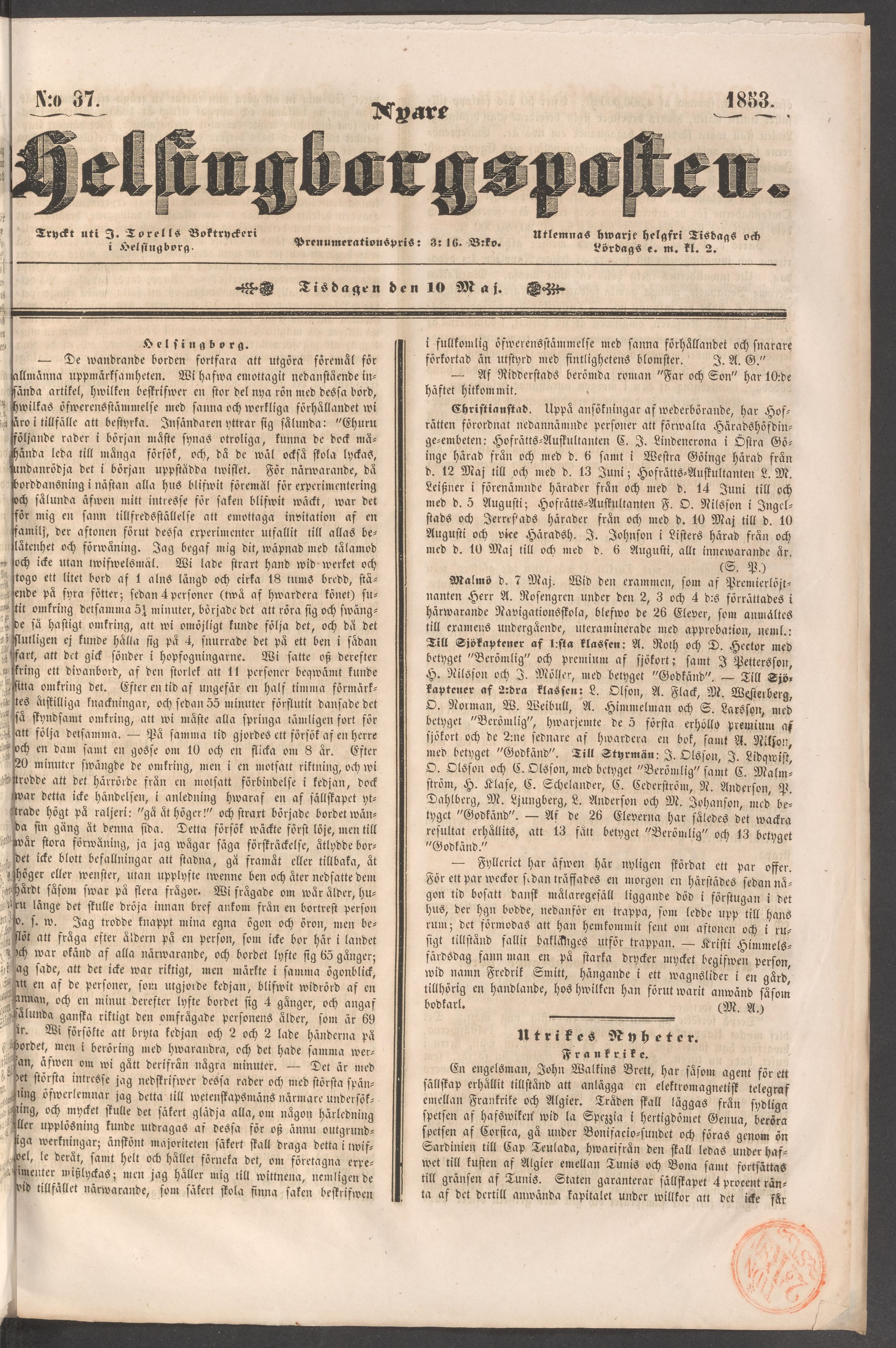 Helsingborspostens förstasida 10 maj 1853.