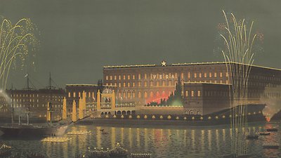 Ett fartyg anländer till Stockholms slott. Scenen är kantad av ljus och fyrverkerier.