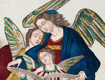 Änglar med stora färggranna vingar.