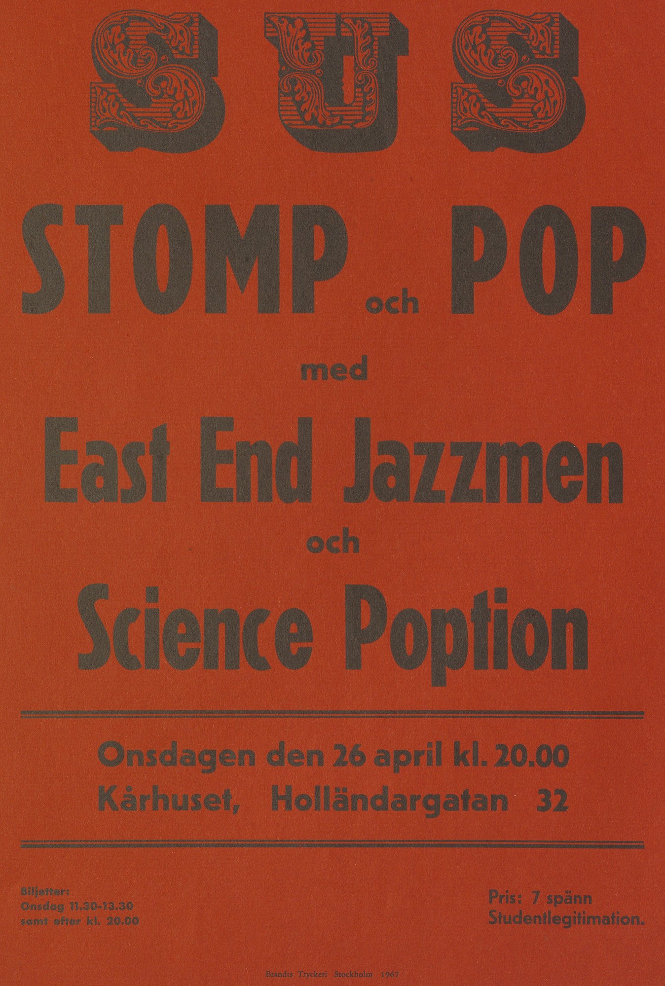 Röd affisch med svart text. Text: Science Poption.