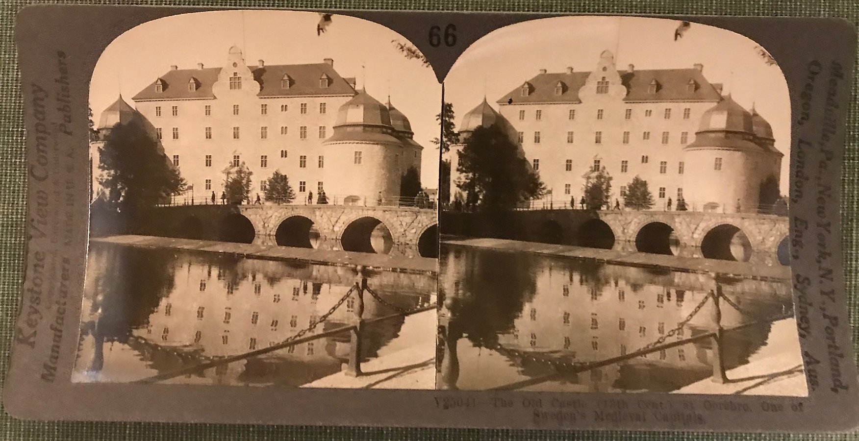 Bild av Örebro slott, där slottet speglar sig i Svartåns blanka vattenytan.