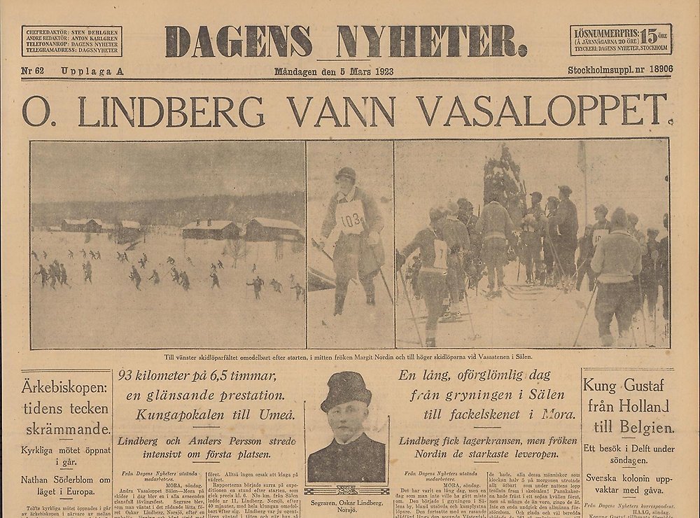 Dagens Nyheters förstasida 1923-03-05 med Margit Nordin på bild, hon har nummer 103 på sin nummerlapp.
